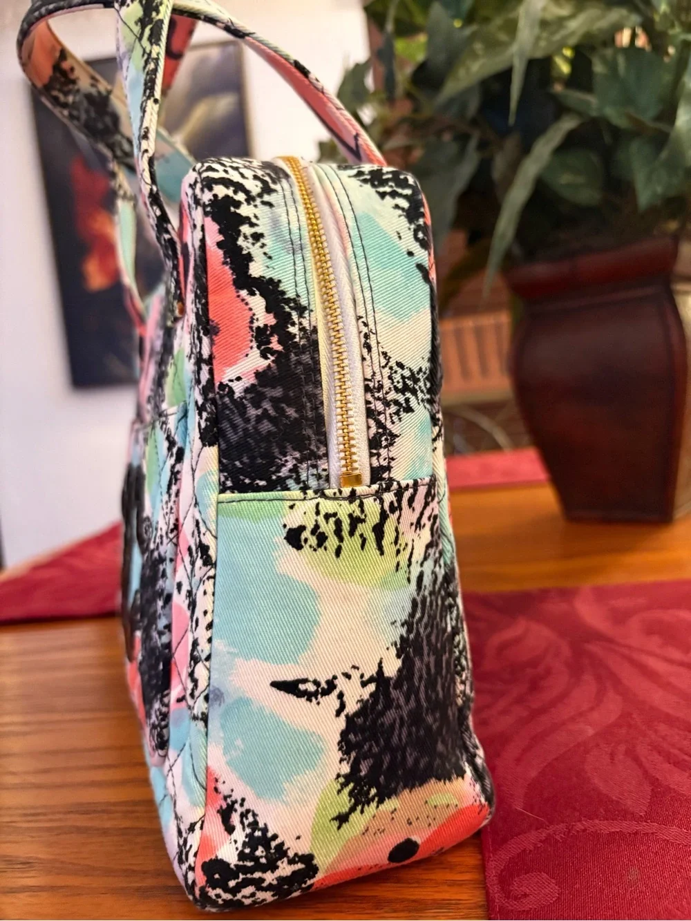 RARE Chanel Watercolor Multi Floral Quilted Tote with Patent Black CC front back